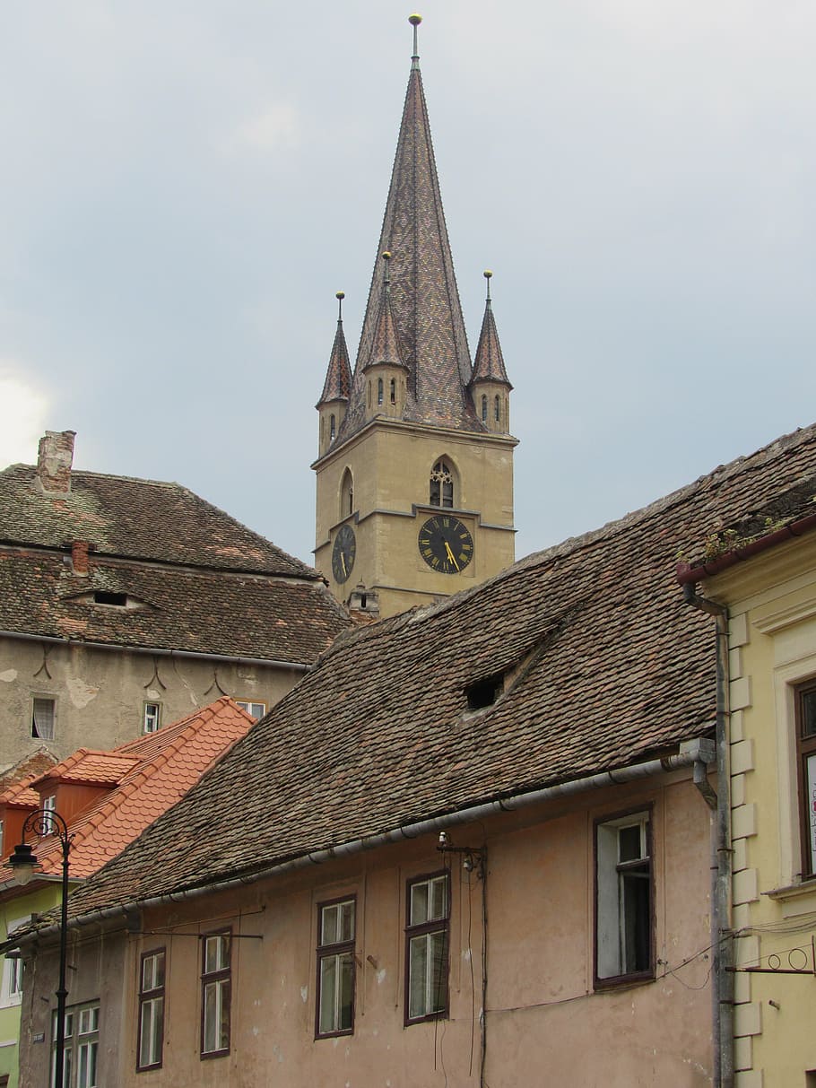 sibiu, transylvania, roofs, church tower, romania, buildings, architecture, built structure, building exterior, building