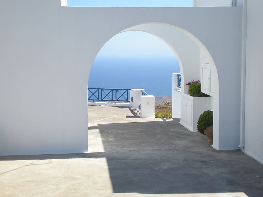 white, concrete, arch gateway, santorini, greek island, greece, marine, architecture, sea, aegean Sea