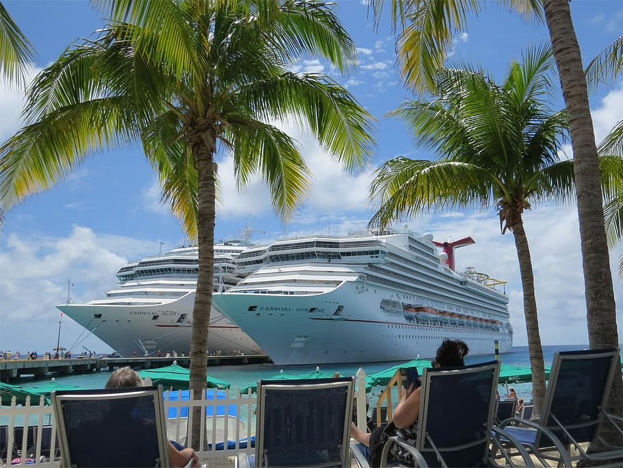 two, cruise ships, body, water, daytime, Cruise, Ships, Bahamas, cruise, ships, palm tree