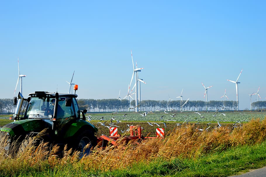 northern germany, agriculture, tractors, plow, landscape, autumn, windräder, wind turbine, turbine, renewable energy