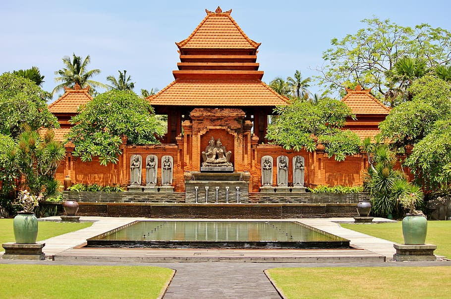orange, temple, surrounded, trees painting, kuta, bali, indonesia, pantai kuta, asian, holiday