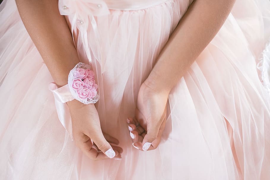 hand, arms, bracelet, pink, flower, dress, women, human body part, adult, wedding