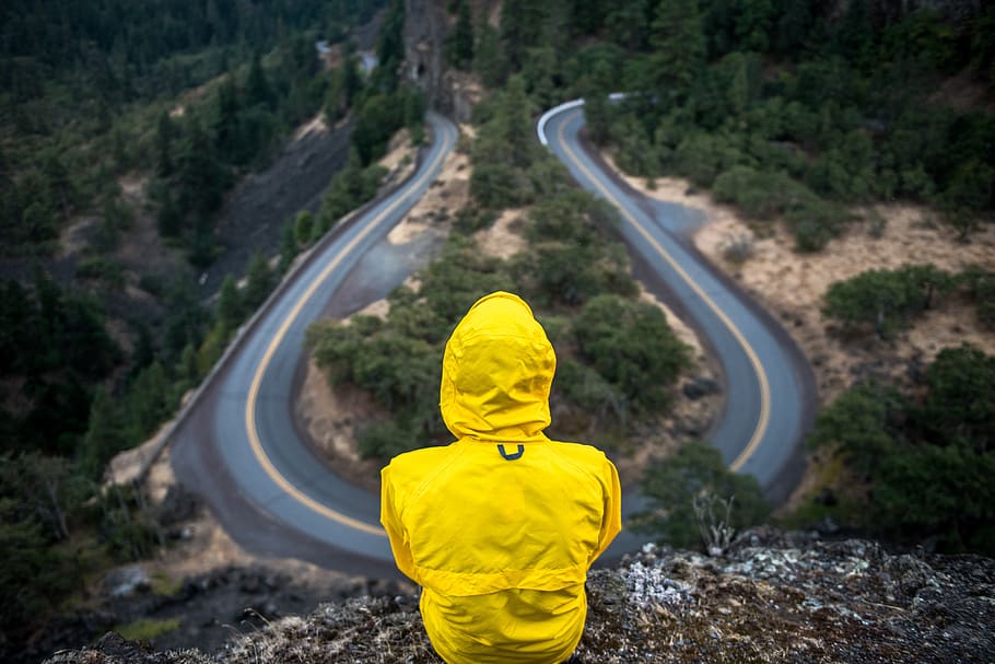 yellow, jacket, rain coat, people, rural, winding, road, hairpin, countryside, cliff