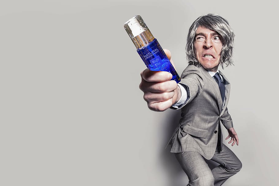 man, gray, label suit jacket, holding, blue, fragrance bottle, adult, bottle, business, casual