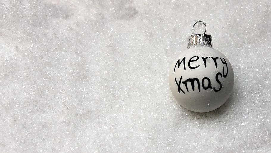 merry, xmas, printed, bauble, silver surface, christmas bauble, christmas ornament, merry xmas, snow, christmas