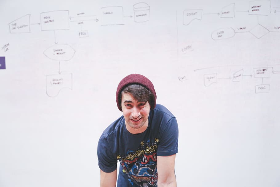 man, wearing, blue, red, crew-neck t-shirt, beanie, whiteboard, presentation, write, display