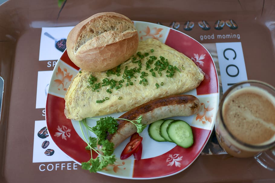egg omelet, vegetables, bun, coffee, sausage, cucumber, food and drink, food, freshness, healthy eating