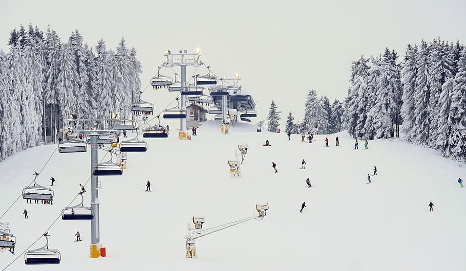 people skiing, snow, winterberg, north slope, hochsauerland, ski lift, departure, ski runner, snowboarders, spotlight