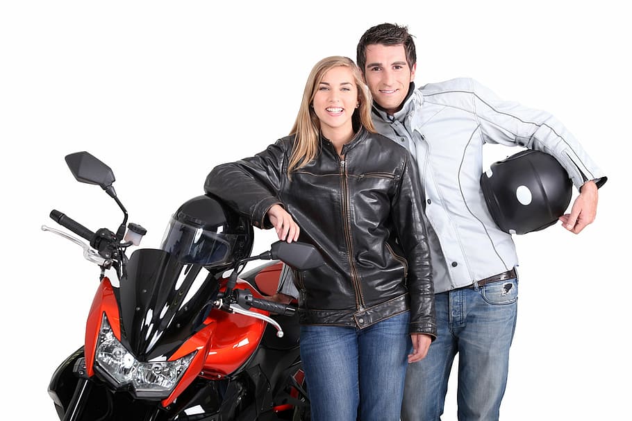 couple, taking, selfie, next, sports bike, motorcycle, bikers, woman, man, motor bike