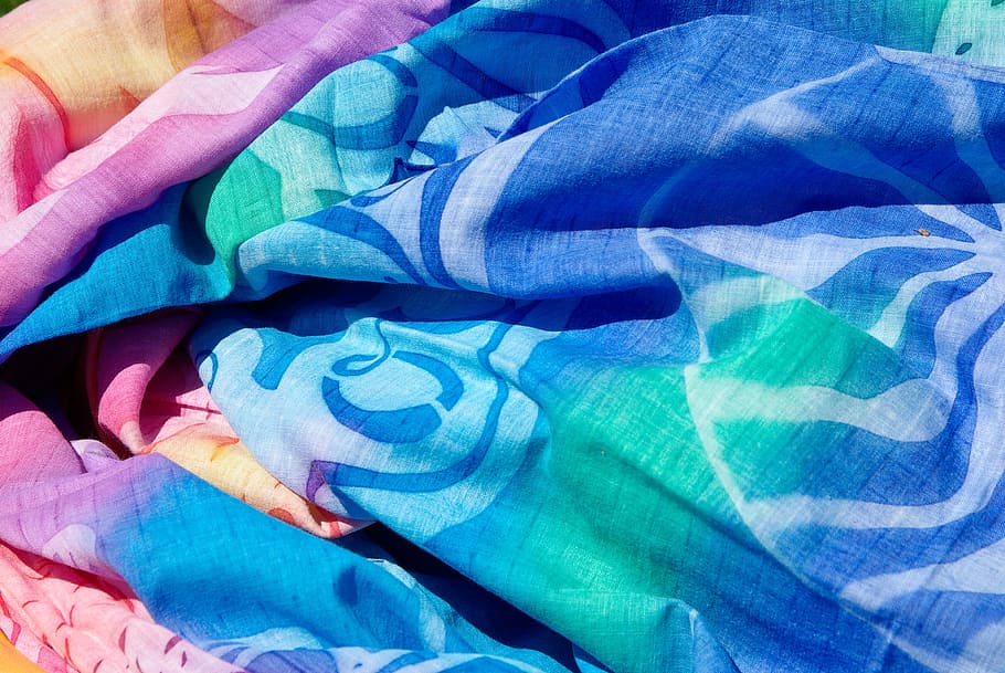 blue, teal, pink, comforter, tahiti, pareo, beach, fabric, multi colored, human body part