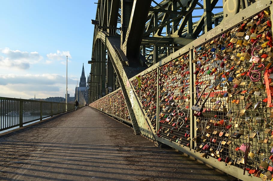 cologne panorama, hohenzollern bridge, cologne cathedral, love locks, places of interest, tourist attraction, arches, architecture, built structure, bridge