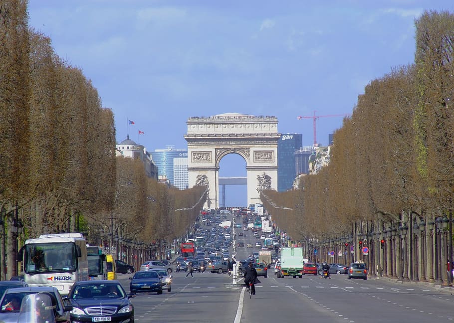vehicle on road, Paris, France, Arc De Triomphe, Monument, paris, france, champs-elysées, street, trees, vehicles