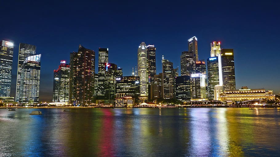 edifícios, luz, corpo, agua, céu noturno, rio de singapura, linha do horizonte, construção, distrito financeiro, arranha céu