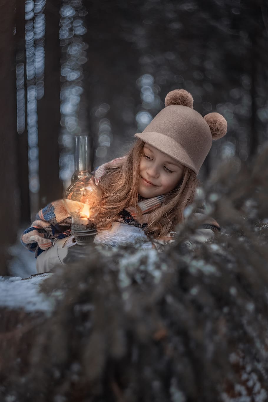 girl, baby, forest, lamp, stump, nature, childhood, kids, happy, atmosphere