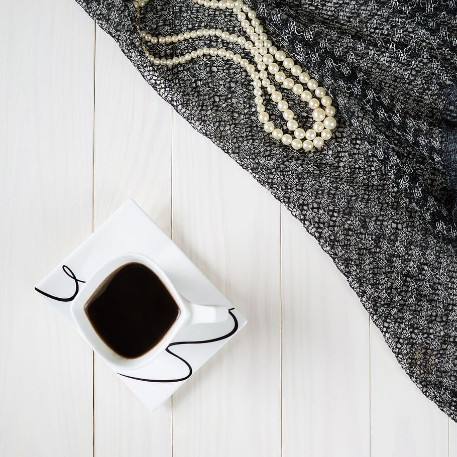composition, coffee, teacup, shawl, chaplet, lay flat, white, black, cup, coffee cup