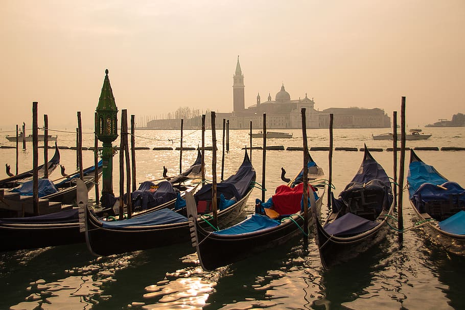 venice, gondolas, sunrise, water, boat, italy, landscape, nautical vessel, gondola - traditional boat, mode of transportation