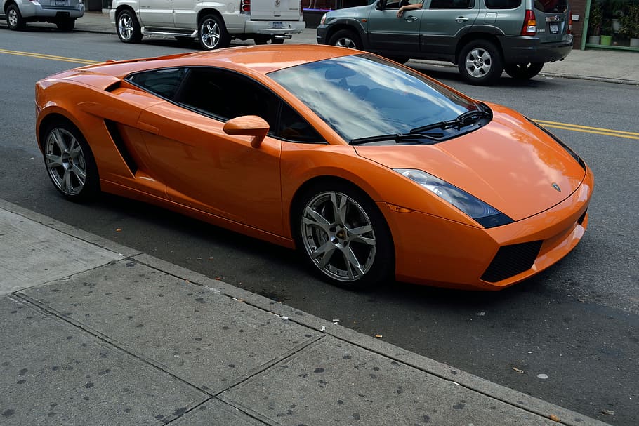 orange, lamborghini gallardo, parked, sidewalk, lamborghini, car, fast car, sports car, luxury coupe, luxury car