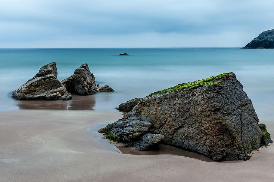 写真, 穏やか, 海, スコットランド, 残り, 岩, ビーチ, 海岸, 水, 青
