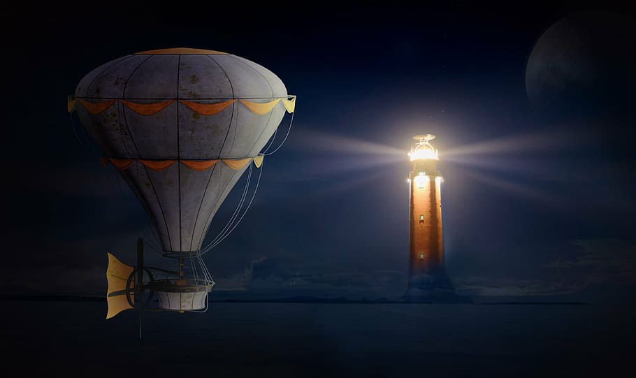 gray, air balloon, gliding, brown, light tower, balloon, lighthouse, night sky, glow, night