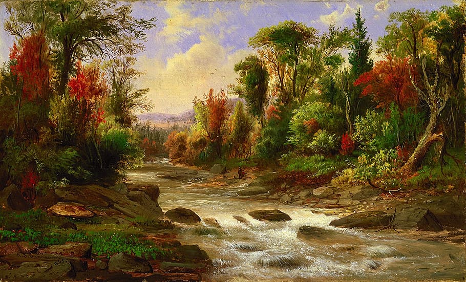 foto, sungai, surround, lukisan pohon, robert duncanson, pemandangan, seni, artistik, lukisan, minyak di atas kanvas