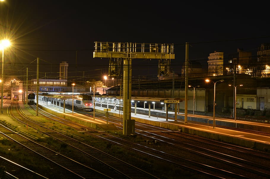 brest, city, night, station, france, finistère, lights, brittany, rail, train