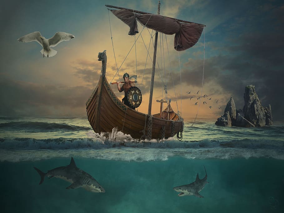 man, boat painting, waters, ocean, sea, vikings, island, boot, water, ship