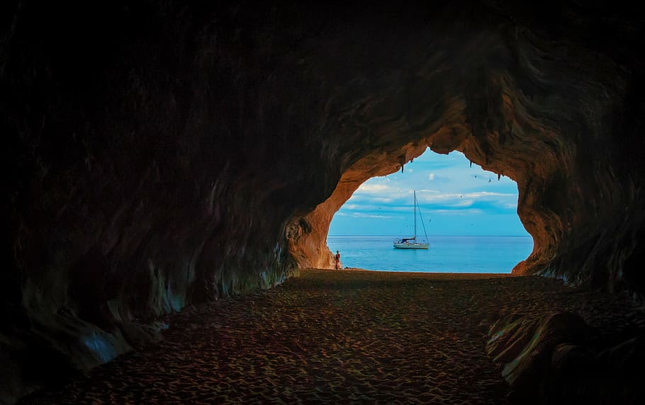 white, boat, cave, daytime, grotto, holiday, sardinia, memory, mediterranean, mysterious