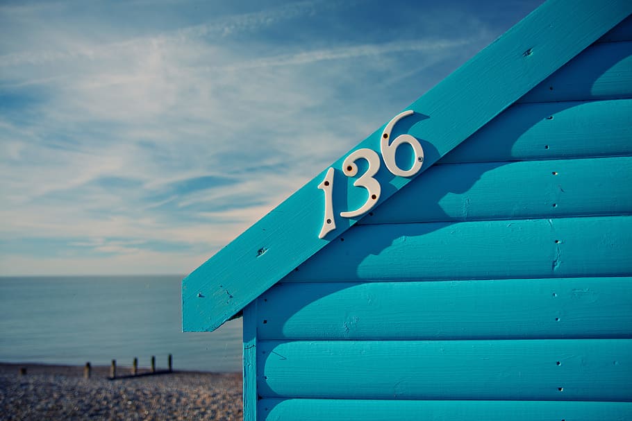 azul, cabana de praia, costa de kent, sul, inglaterra, close-up, praia azul, kent, costa, sul da inglaterra