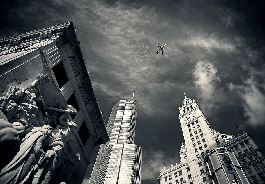 bertingkat tinggi, bangunan, melihat, terbang, fotografi low-angle pesawat terbang, chicago, kaki langit, tinggi, gedung pencakar langit, pusat kota