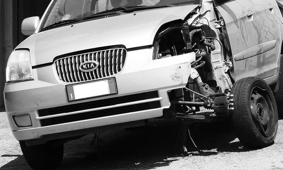 grayscale photography, 1st, gen., kia picanto, Car, Wrecked, Accident, Collision, car wrecked, land Vehicle
