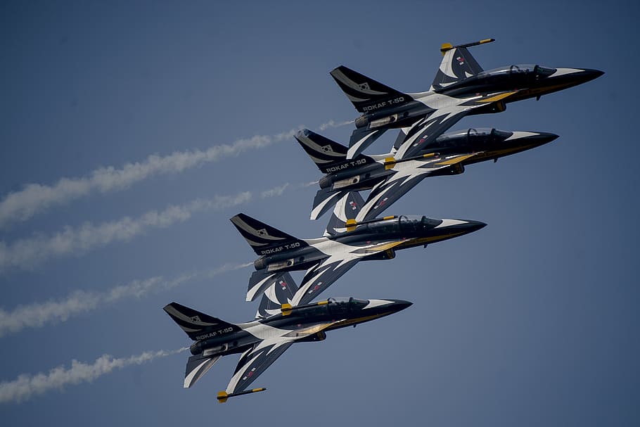 four, fighter, jets, contrails, flying, sky, low angle view, motion, air vehicle, airshow