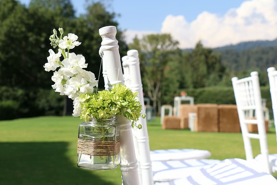 branco, flores, claro, vaso de vidro, cadeiras, jardim, casamento, guarnição, garrafa, céu