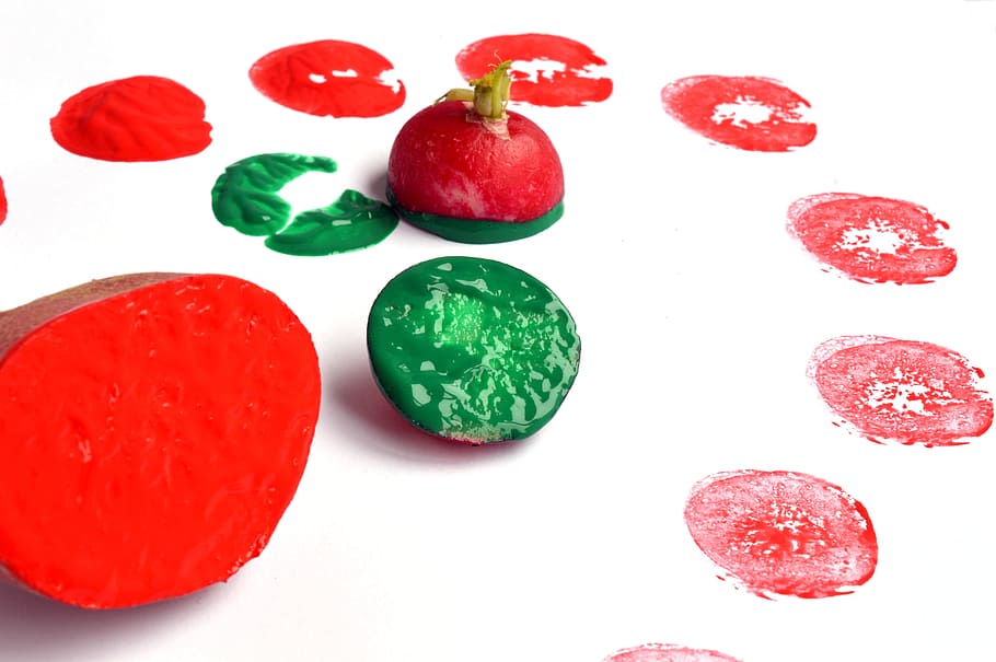 fruit stamp, paper, potato, print, paint, radish, vegetable, fun, craft, color