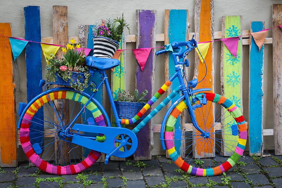 blue, multicolored, beach cruiser bike, wheel, bike, cycling, color, colorful, crochet, hand labor