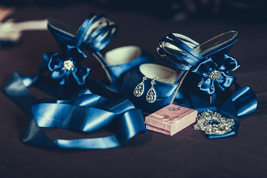 azul, zapatos de cuero con punta abierta, foto, seda, cintas, boda, joyería, preparación, zapatos, orienge
