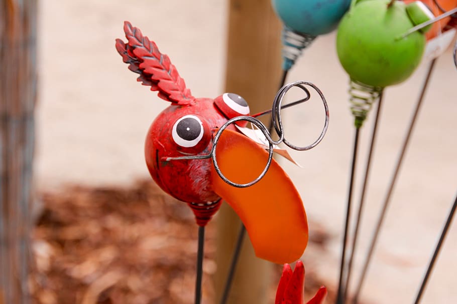 bird, glasses, deco, artwork, animal, garden, focus on foreground, red, close-up, day