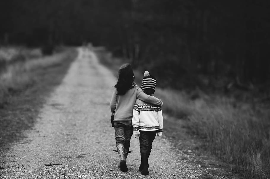 two, children, walking, grayscale photo, grayscale, road, distant, supportive, support, path
