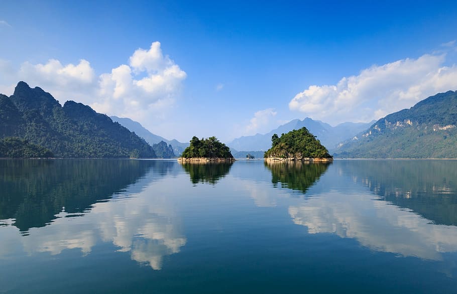 two, islands, mountains, glassy, water, daytime, nature, reflection, mountain, lake