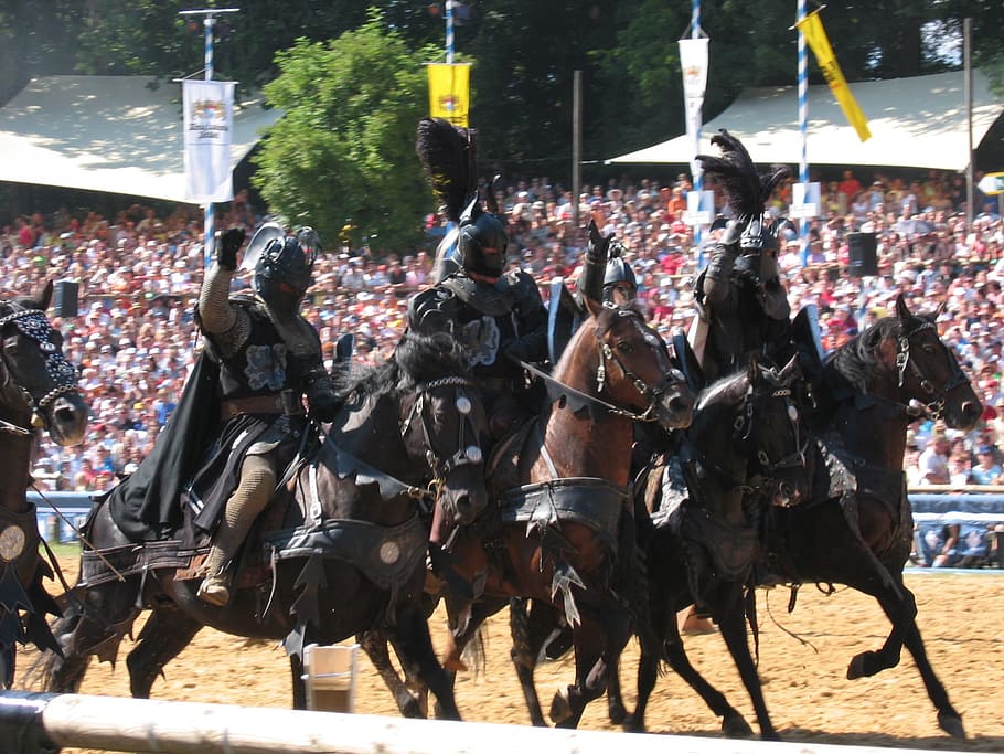 four, gladiators, riding, horses, knight, knights tournament, ride, armor, helm, ritterruestung