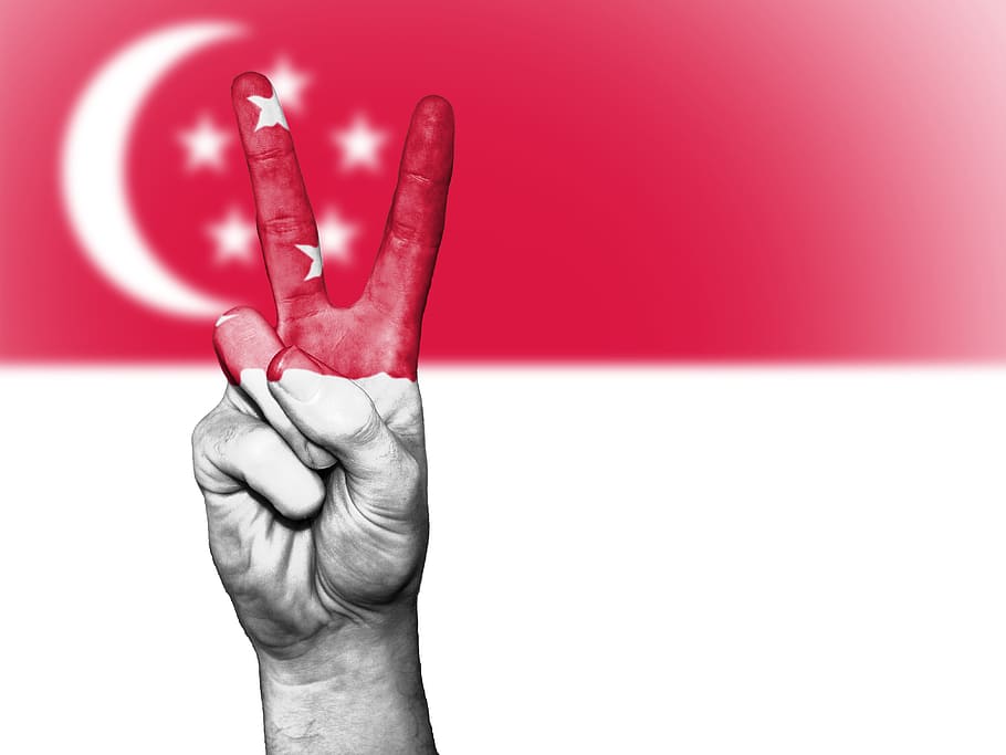 signo de la paz, fondo de la bandera de Turquía, Singapur, paz, mano, nación, fondo, bandera, colores, país