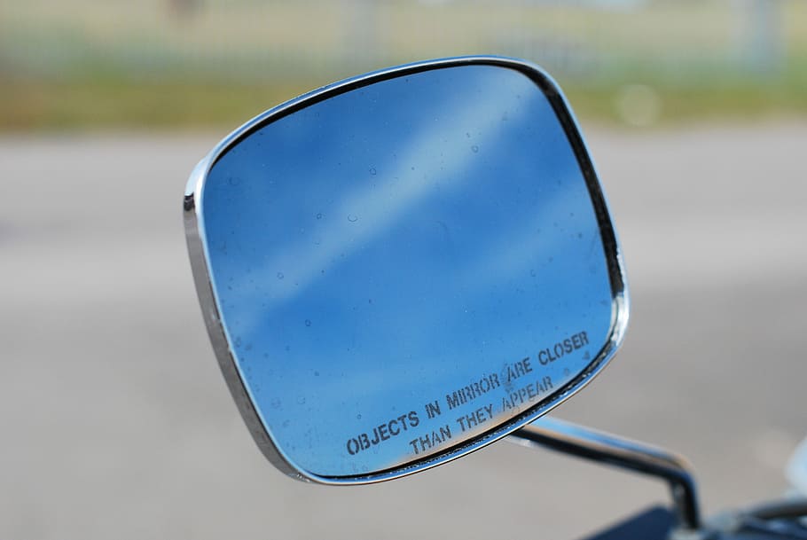 Rear Mirror, Vehicle, Rear-View, mirror, single object, close-up, day, blue, outdoors, text