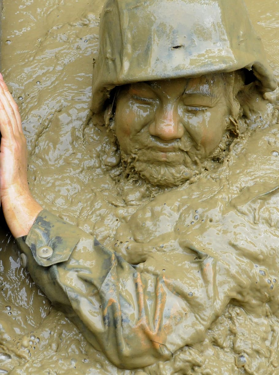 person, wearing, hat, swimming, mud, soldier, jungle training, mud pit, woman, female