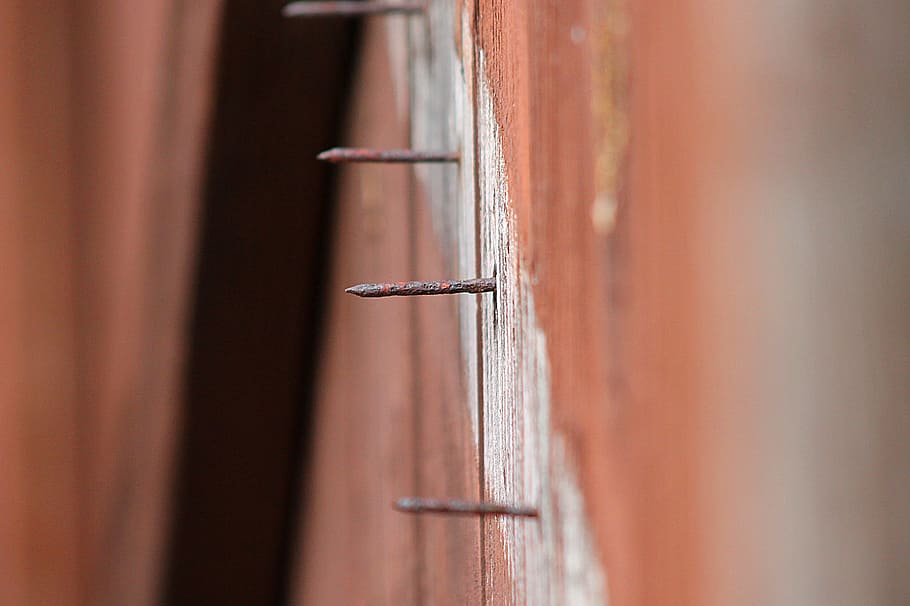 Nail, Sharp, Exposed, protrude, rusty, rustic, weathered, lineup, strip, construction