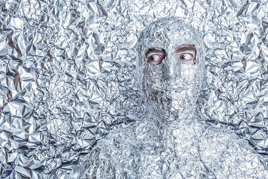 person, covered, foil, people, whimsical, lazy, silly, tinfoil, man, goofy