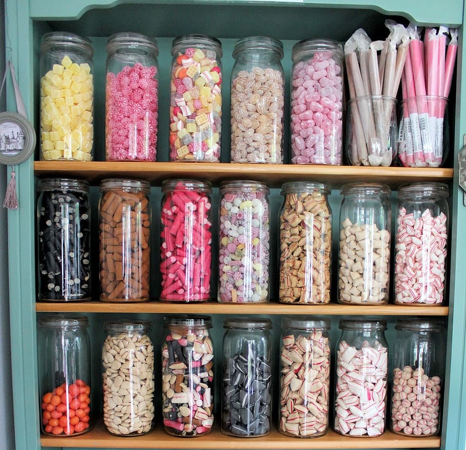clear, candies, wooden, rack, Candy, Sweet Shop, Glass Jars, Sweets, colorful, treats