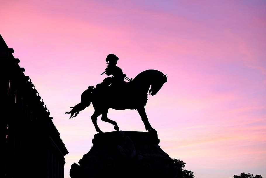 horse, statue, backlight, rosa, sky, sunset, romance, silhouette, adult, history
