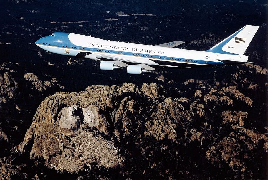 air force one, airplane, flight, usa, president jet, mount rushmore, faces, presidents, plane, fly