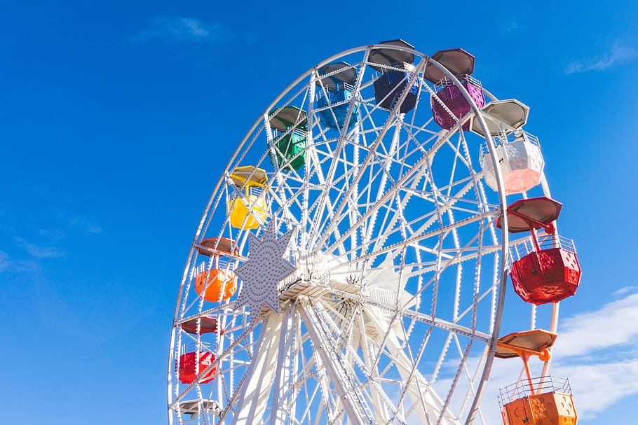 ferris, wheel, Ferris wheel, various, summer, fun, amusement Park Ride, blue, sky, traveling Carnival