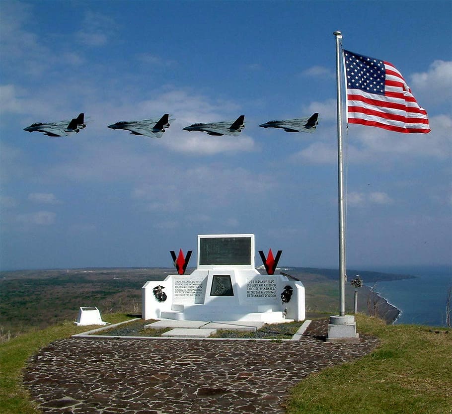 memorial, top, on top, Suribachi, Iwo Jima, flag, photos, monument, planes, public domain