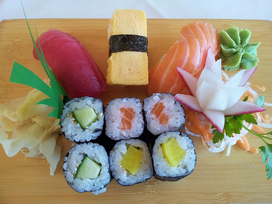 variety, sushi, brown, wooden, panel, asia, fish, rice, food, japanese food